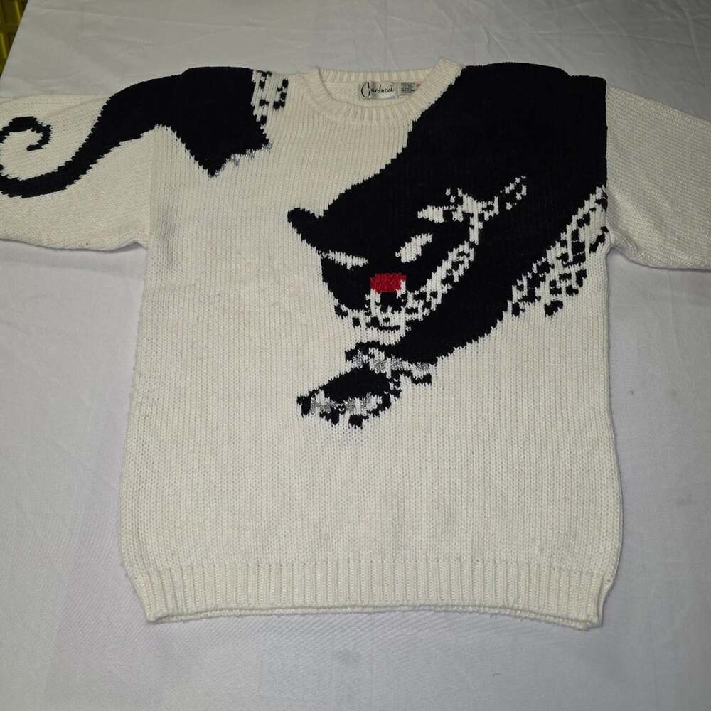 Carducci Vintage Black Cat Intarsia Knit Sweater Lurex Accent M
